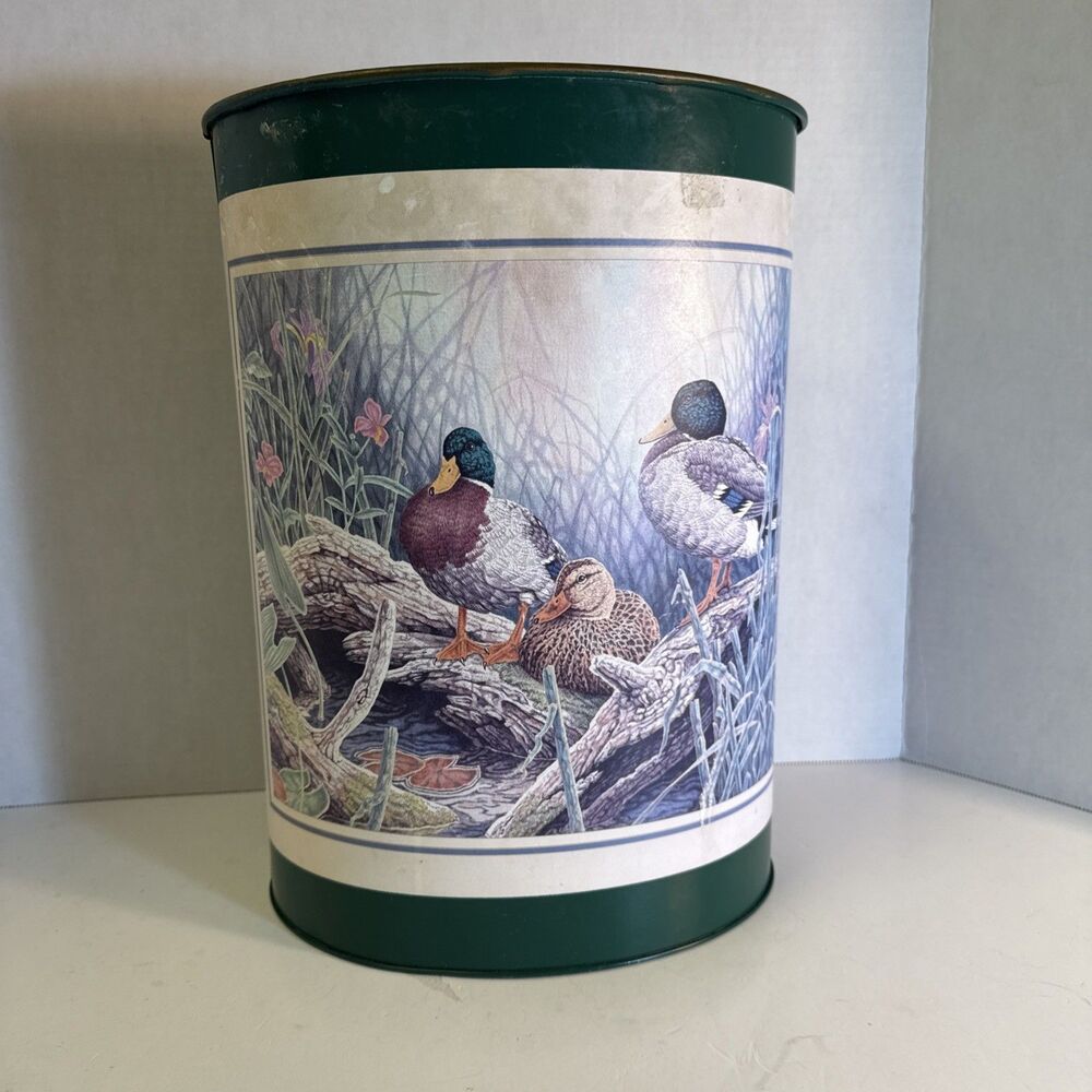 Vtg Metal Trash Can Waste Basket Duck Scene